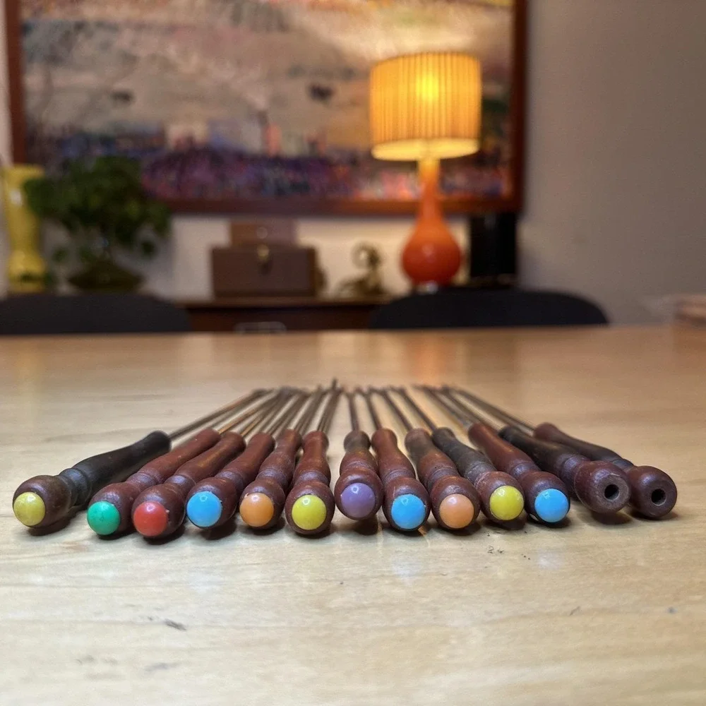 Vintage Set of 13 Stainless Steel Fondue Forks Skewers Reddish Wood Base 9.5
